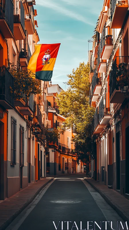 Sunlit Spanish street displays bold national flag