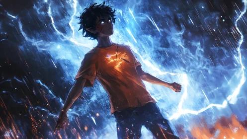 Electric youth stands in storm of blue lightning power.