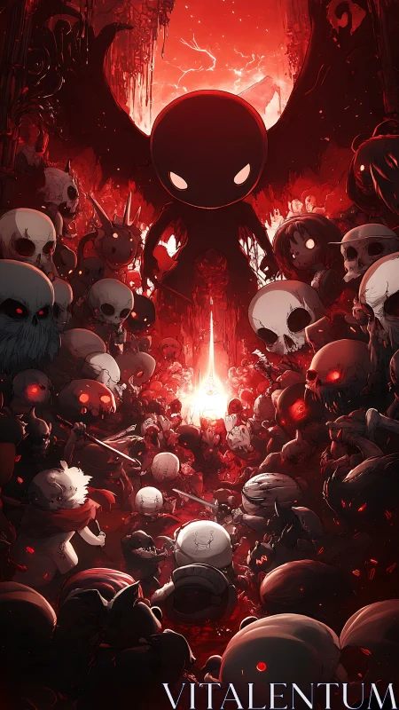 Dark winged overlord commands skull horde in crimson abyss.