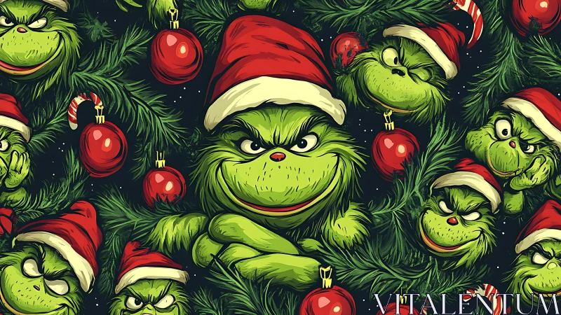 Mischievous green character in festive digital illustration pattern.