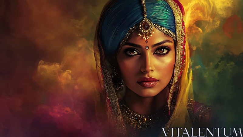 Regal Indian woman emerges amid swirling colorful mist.