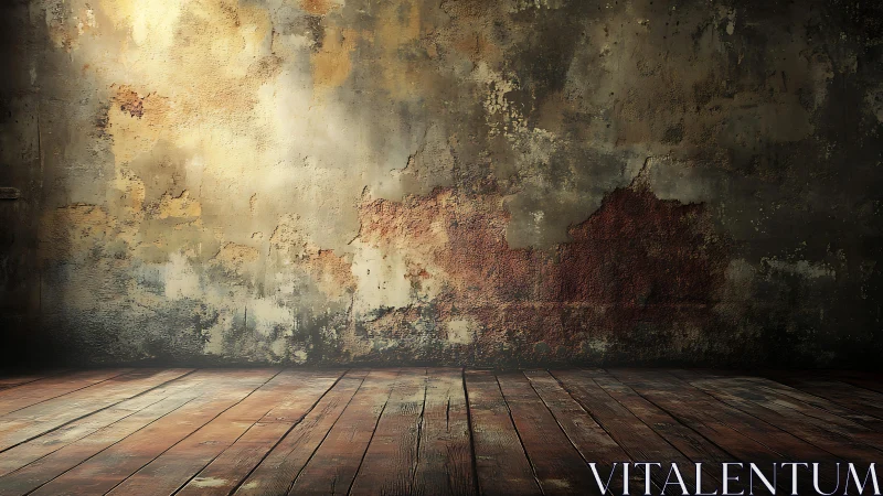 Aged plaster wall with textured patina and worn wood floor