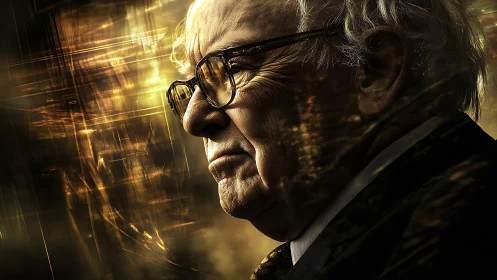 Elderly male profile portrait with abstract golden light.