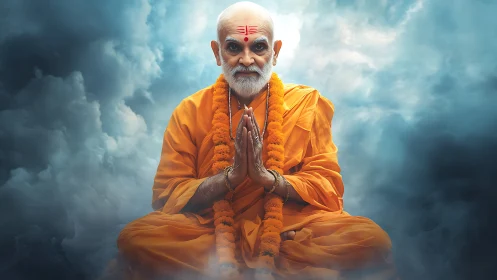 Elderly Hindu monk in orange robes meditates amid dynamic clouds