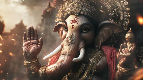 Ornate elephant-headed deity raises blessing hand in glow