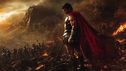 Warrior in crimson cape pauses before the storm of battle.