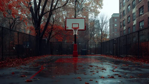 Rainy autumn basketball court waiting for the next game.