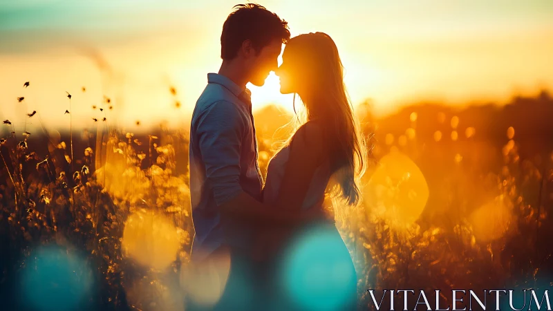 Golden hour embrace: two silhouettes kiss amid wildflower fields.