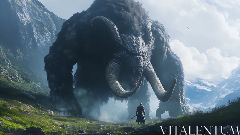 Colossal tundra beast confronting lone warrior in valley.