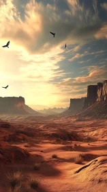 Golden desert canyon opens under a warm soaring sky