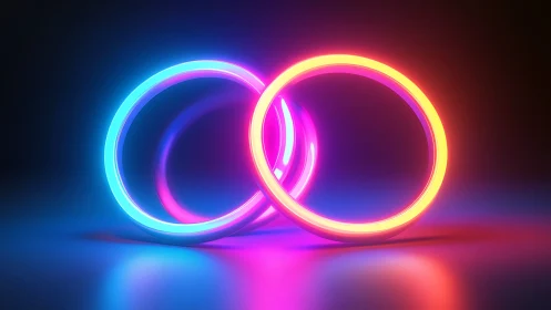 Intersecting neon rings with blue and orange glow.
