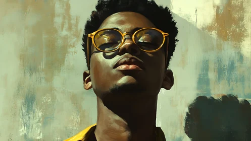 Painted portrait of person in yellow glasses against wall.