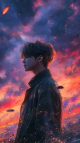 Solitary figure contemplates under a burning twilight sky