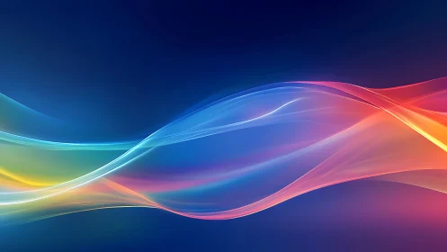 Vibrant neon light waves over deep blue gradient background.