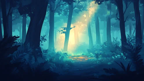 Digital forest landscape depicting silhouetted trees and glowing light