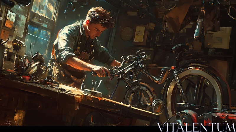 Focused mechanic repairing custom motorcycle in workshop