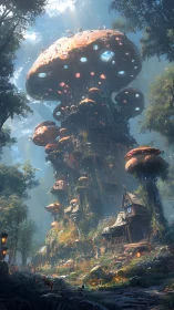 Sunlit Mushroom Towers in a Gentle Forest Village.