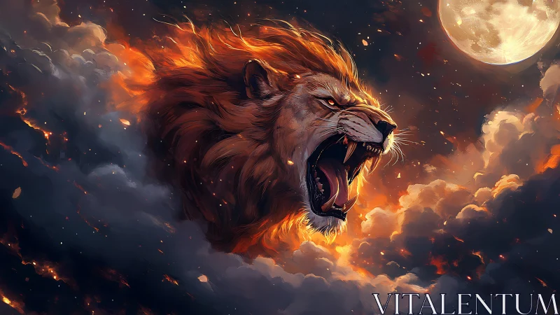 Roaring celestial lion blazes through storm-lit night sky