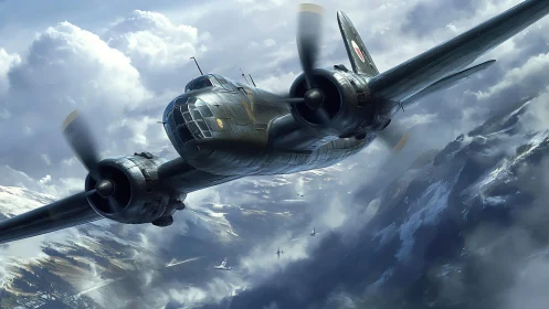 WWII twin-engine bomber cuts through stormy alpine clouds