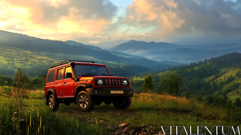 Red off-road SUV parked in green mountain valley at sunset.