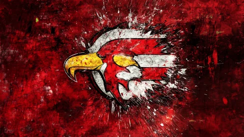 Stylized eagle crest on distressed red grunge splatter field