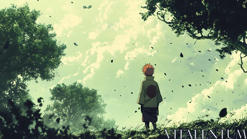 Solitary anime figure under trees in drifting leaves.