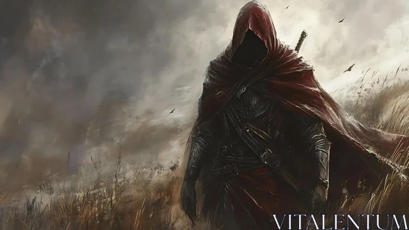 Hooded rogue in crimson cloak crossing stormlit wasteland.
