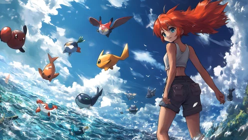 Red-haired girl surveys flying sea creatures above ocean