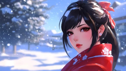 Anime winter portrait in red kimono, shallow-depth framing.
