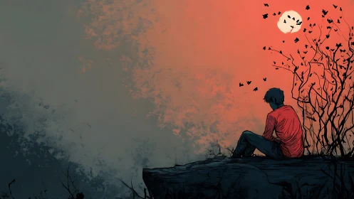 Solitary figure sits on cliff beneath red dusk sky