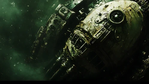 Derelict armored mech drifts through toxic green void.