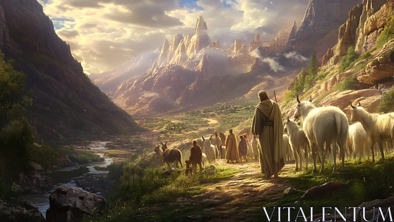 Shepherds guide goats through a sunlit mountain valley