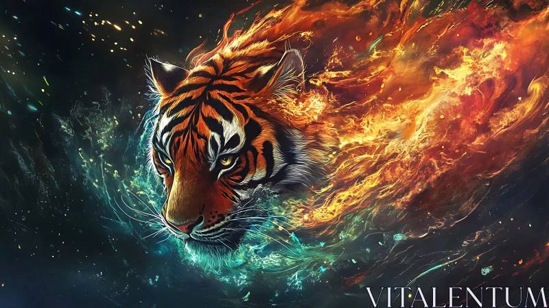Digital painting of elemental tiger in dynamic bilateral motion.