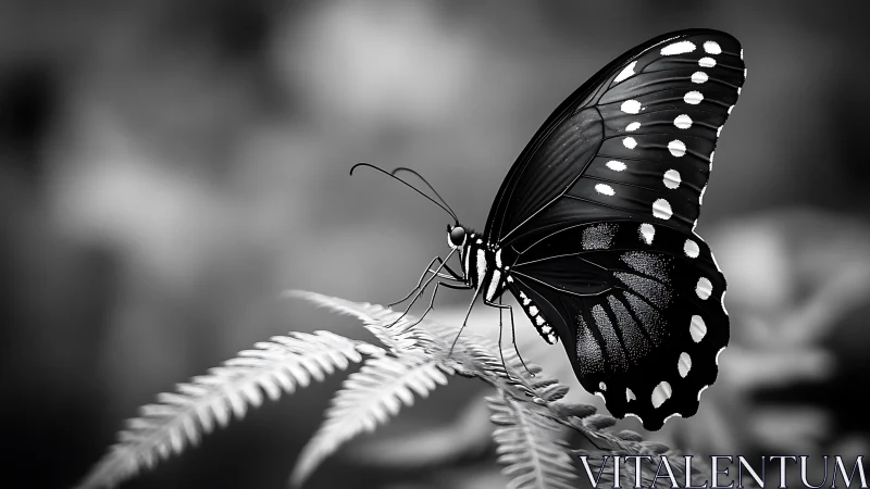 Monochrome lepidopteran profile on fern with shallow depth.