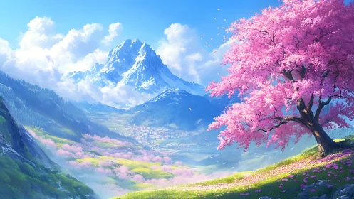 Cherry blossom valley below snowcapped mountain peak.