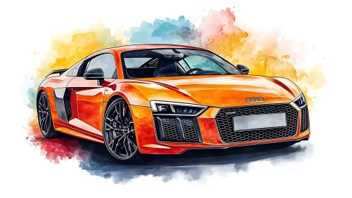 Orange Audi supercar rendered as high-contrast watercolor illustration