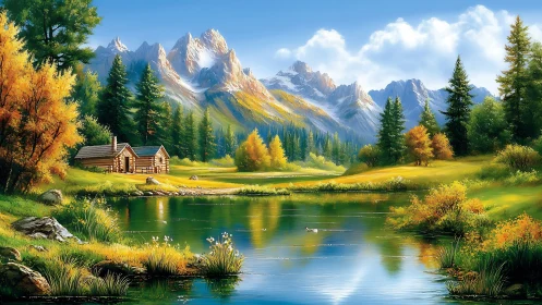 Mountain valley lake with log cabins and mixed forest landscape.