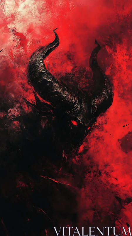 Horned demonic silhouette emerges from swirling crimson smoke