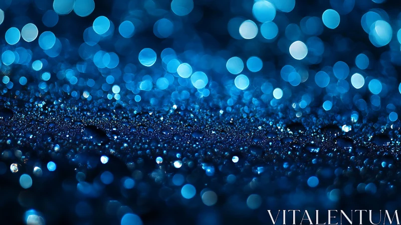 Blue macro bokeh with dewdrops over shimmering surface.
