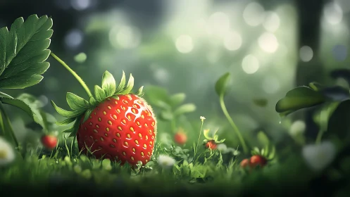 Sunlit woodland strawberry resting in dreamy forest grass.