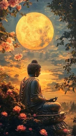 Moonlit Buddha garden wrapped in quiet golden stillness.