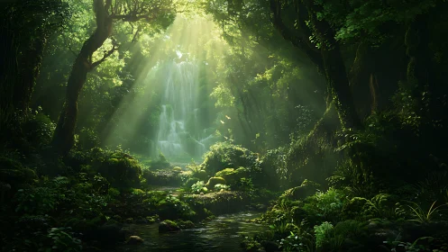Luminous waterfall cascades through verdant forest canopy with volumetric light rays.