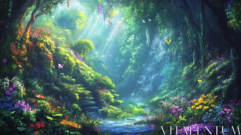 Luminous Forest Canyon with Cascading Blooms.