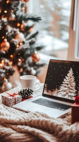 Cozy holiday workspace with laptop beside glowing tree.