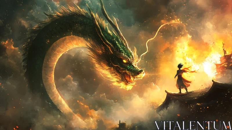 Dragon coils through firestorm sky confronting lone warrior.