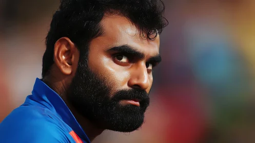 Focused gaze of determined bearded athlete in blue jersey.
