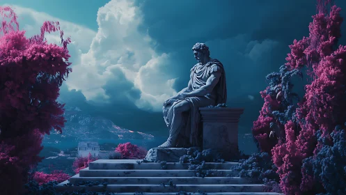 Quiet marble guardian dreams beneath a mystical twilight sky