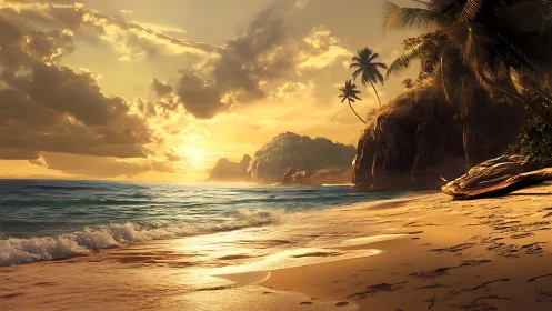 Golden Hour Coastal Landscape with Rocky Promontory and Tropical Palms