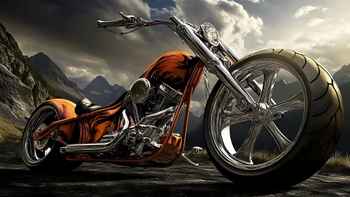 Custom orange chopper motorcycle under dramatic alpine sky.