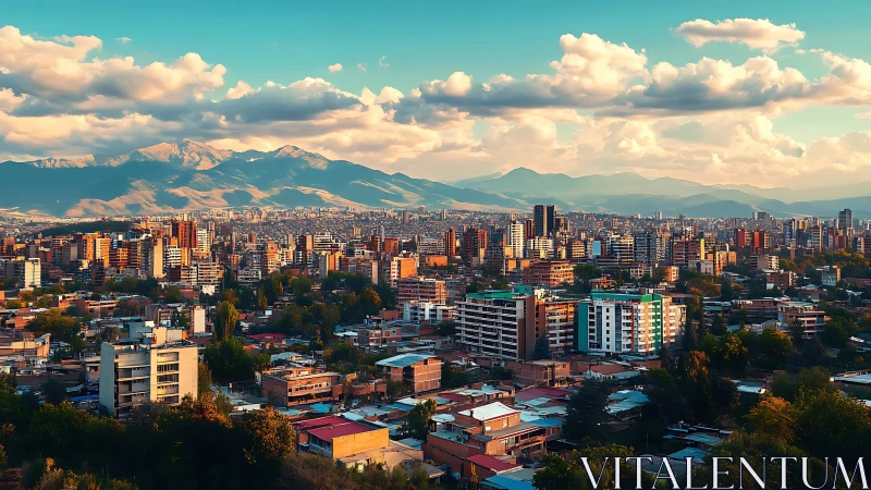 Sunlit urban skyline framed by distant mountain ranges.